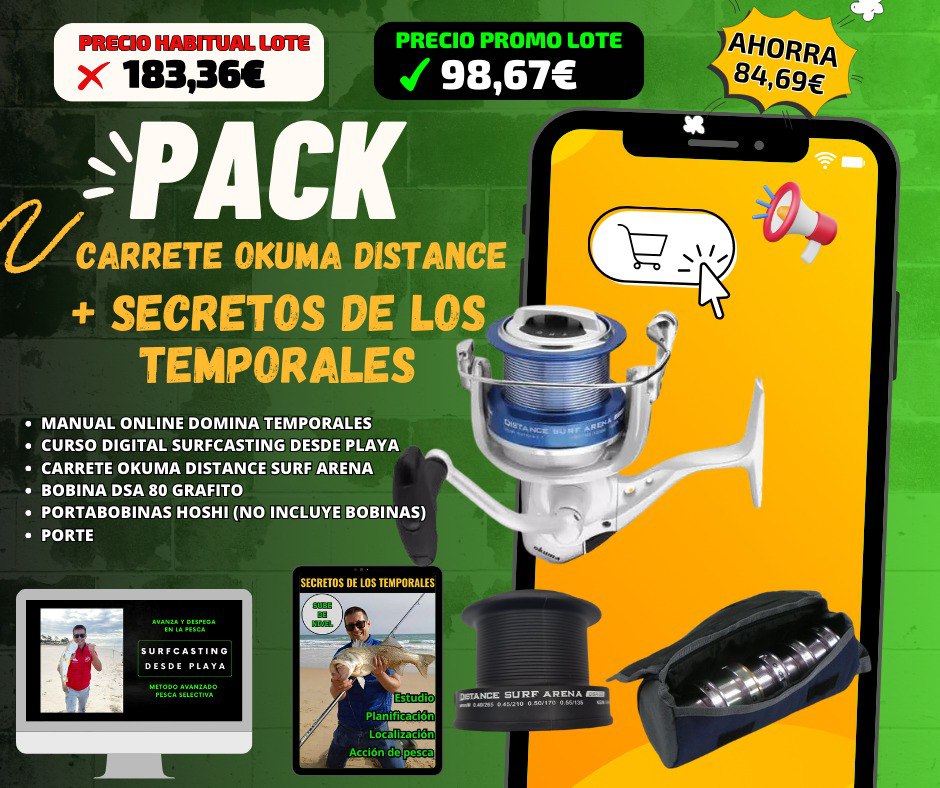 Pack Carrete Okuma Distance Surf Arena + Secretos Temporales